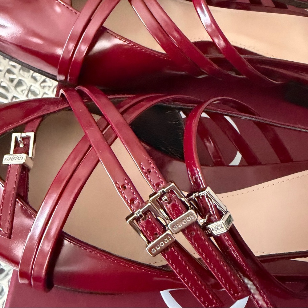 Gucci Seraphine Burgundy Leather Strappy Flat Slingback Shoe sz 37.5 New in Box - Picture 13 of 15
